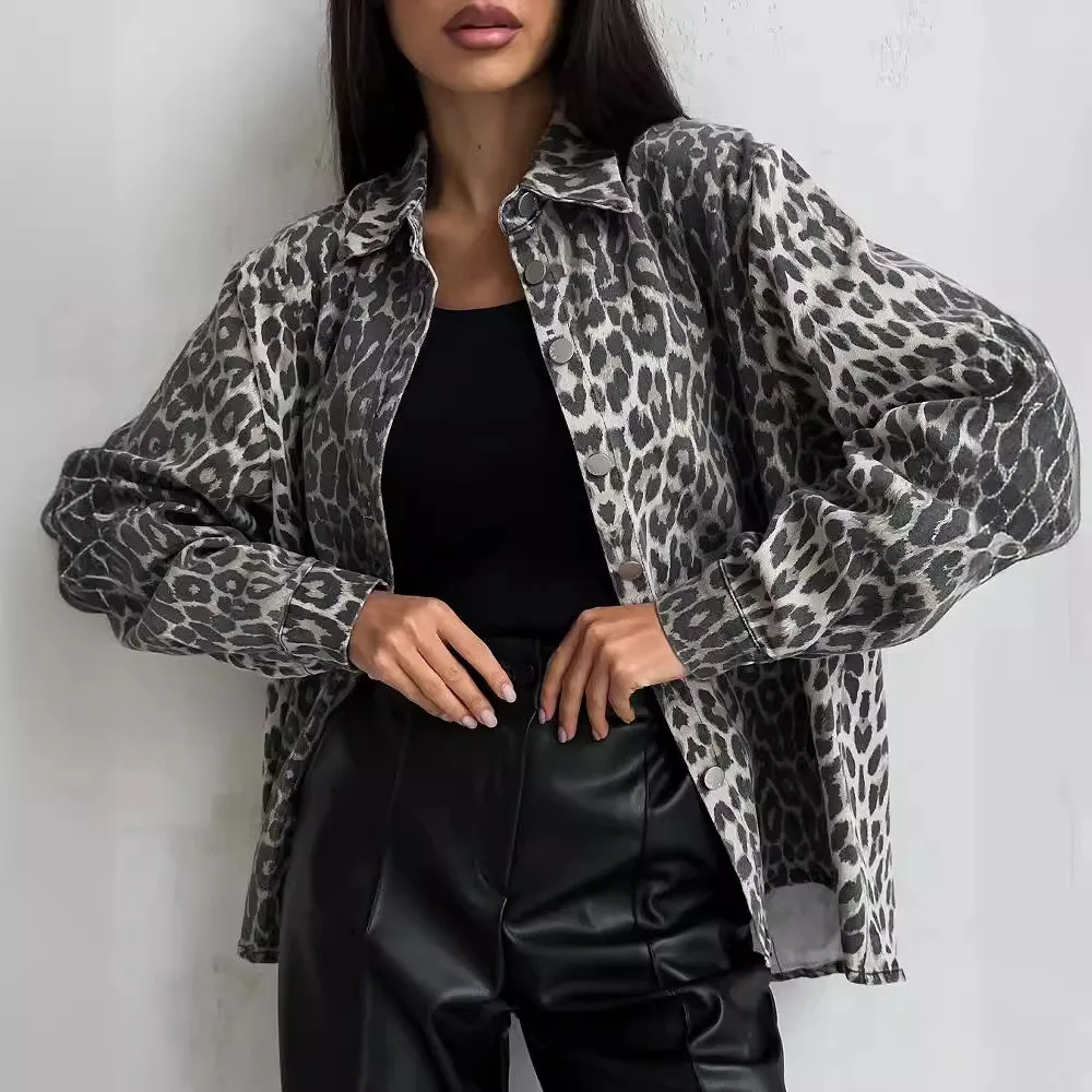 New American retro leopard print niche lapel denim jacket spring fashion loose versatile trend jacket