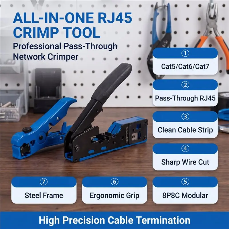 Crimp Tool RJ45 Cat7 Pass Through Multifunctional Network Cable Crimper With Wire Stripper Cutter Pliers