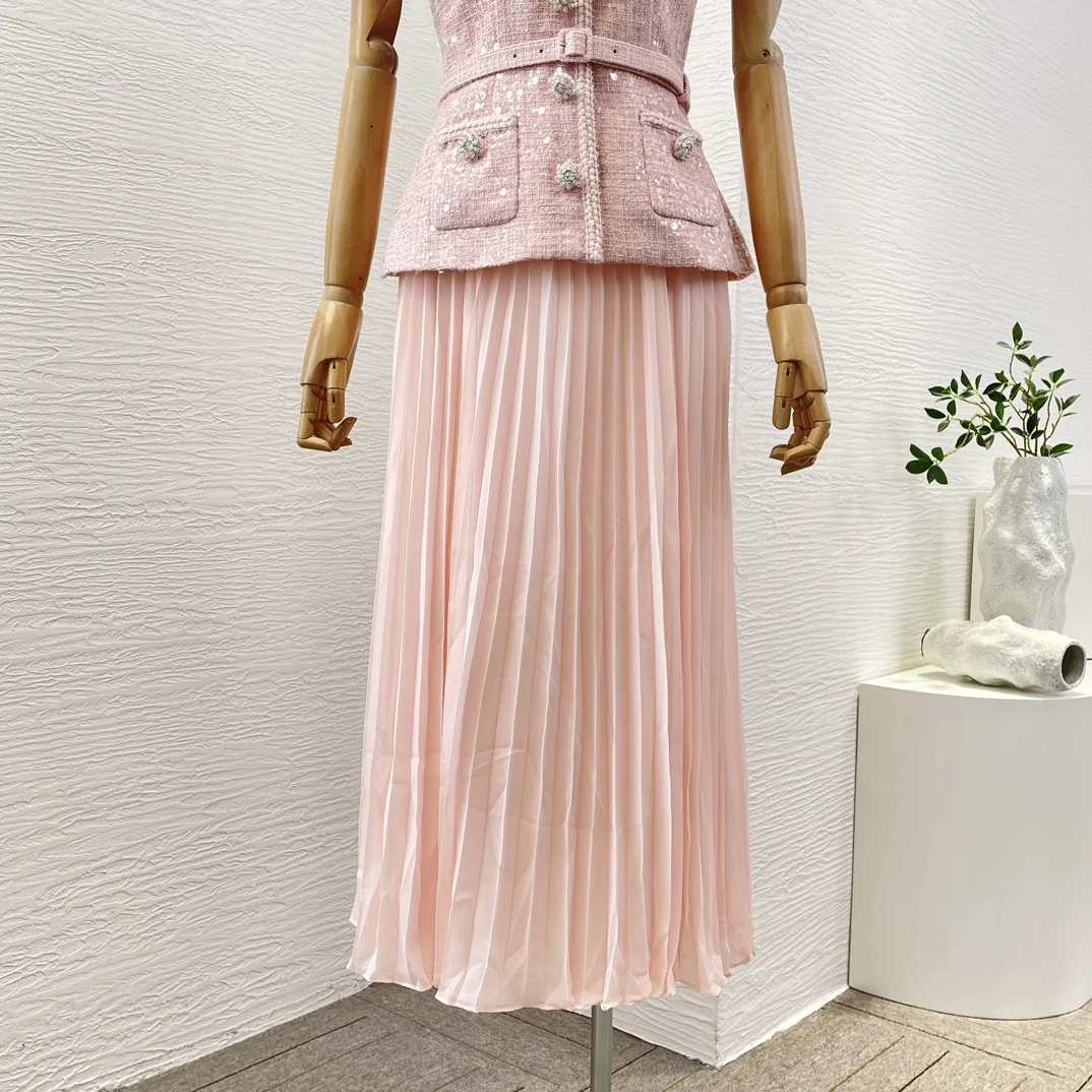 Elegant Women Midi Dress Pink Sequins Short Sleeve Pleat O-neck Dresses with Belt Top Quality Clothing for Party