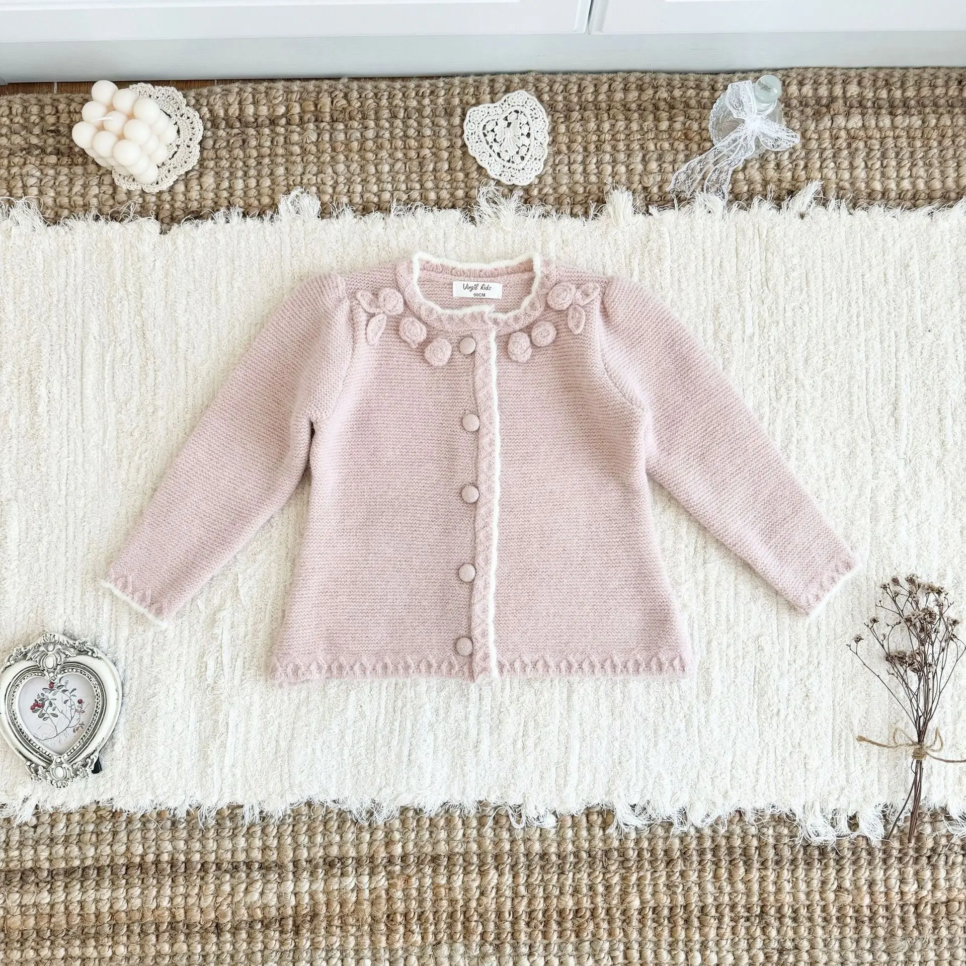 Pink Series Sweater Girls Yarn Jacket Girls Handmade Flower Decoration Single Breasted Soft Solid Color Sweater Jacket