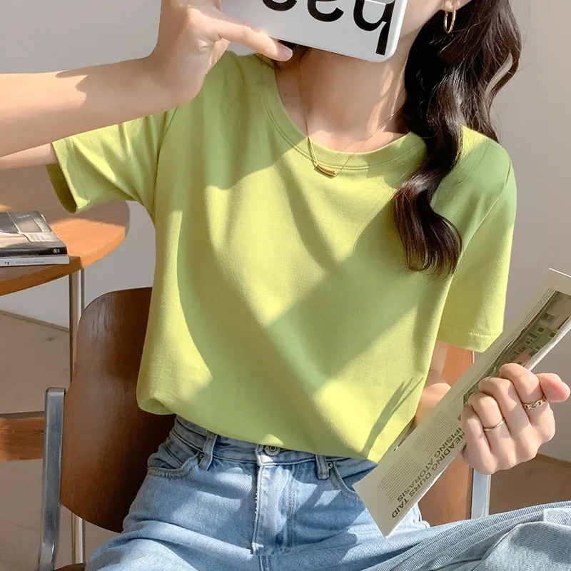 Summer cotton short sleeve t-shirt women\'s 2023 new loose top simple versatile green women\'s t-shirt