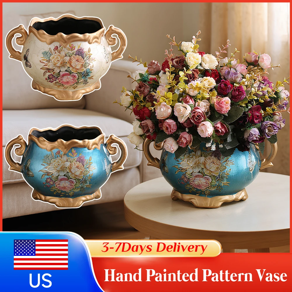 

European Deluxe Resin Wood Vase Retro Classical Decorative Handicrafts Flowerpot Ornament forTable Wedding Home Decor