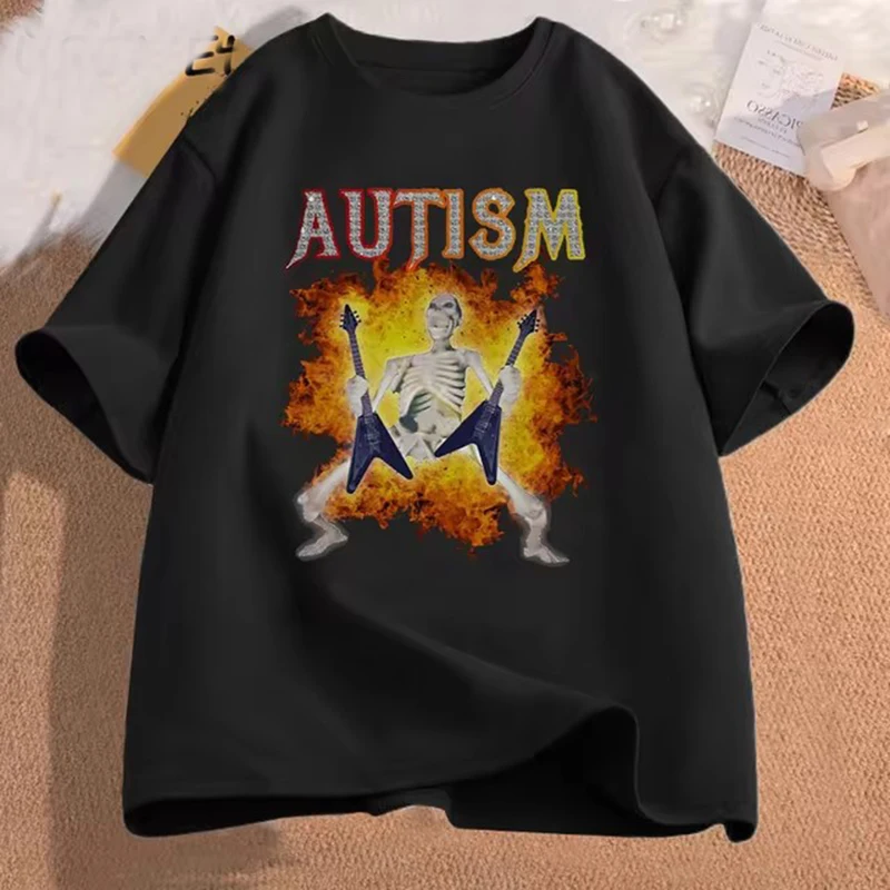 Autism Funny Skeleton Meme Men's T-shirt Cotton Mens Clothing Graphic Tshirts Man women Clothes Printed Short Sleeve Tee Tshirts