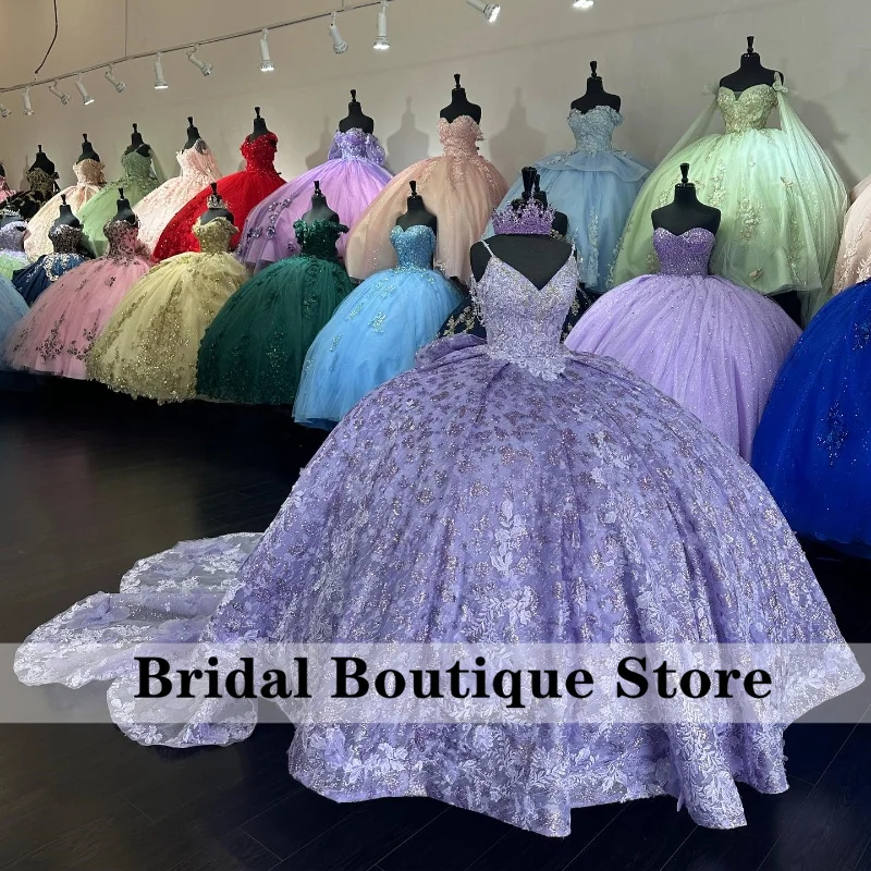 

New 2024 Lavender Princess Quinceanera Dresses Ball Gown Straps Flowers Appliques Beaded Crystals Sweet 16th Gown Court Train