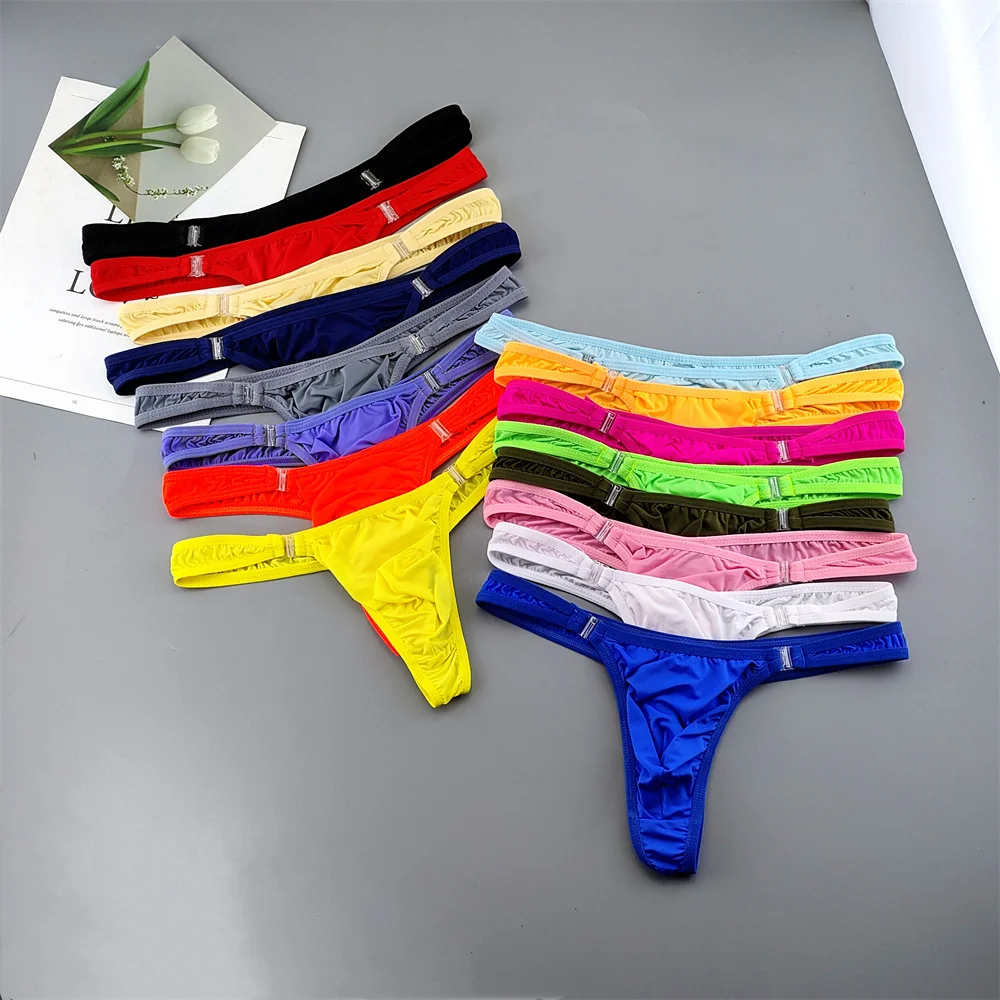 5pcs Personality Buckle Design U Convex Ultra Thin Underwear Men Pouch Thong Ice Silk Nylon G-string Shorts Solid Color Panties