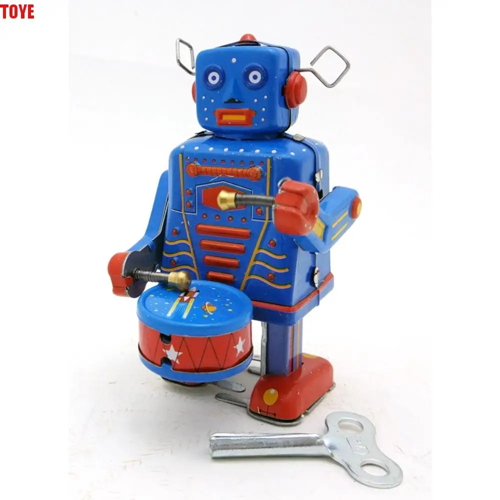 

Drumming Robot Wind Up Walking Robot Retro Style Toy Figures Clockwork Walking Toy Nostalgic Iron Metal