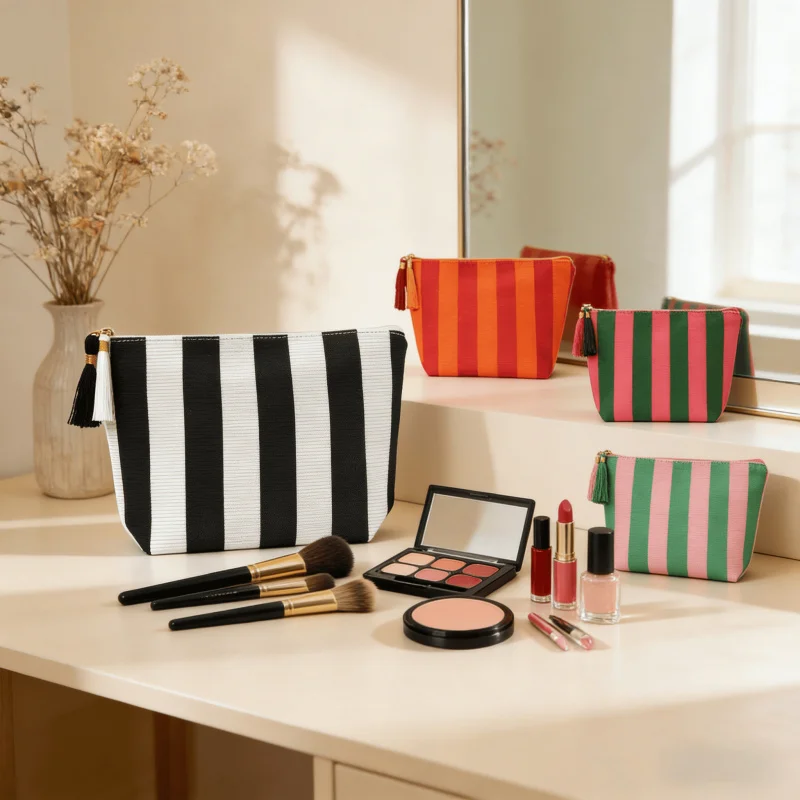 1Striped large-capacity cosmetic and toiletry storage bag，Hand-held makeup bag and toiletry bag，Tassel pendant with smooth zippe