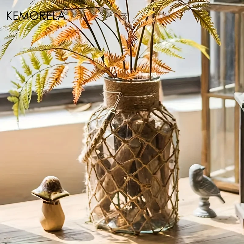 KEMORELA Rustic Flower Vase Hanging Glass Vase Rope Net Flower ,Vase with Art Hemp Rope Home Decor, Living Room Desktop Decor