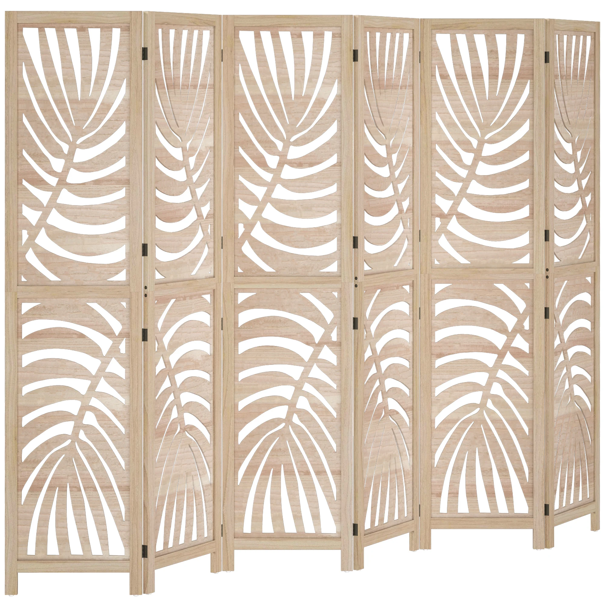 Paravent interieur en bois 6 panneaux 240 x 170 cm, pliable et portable, motif de feuille, design amovible, bois naturel