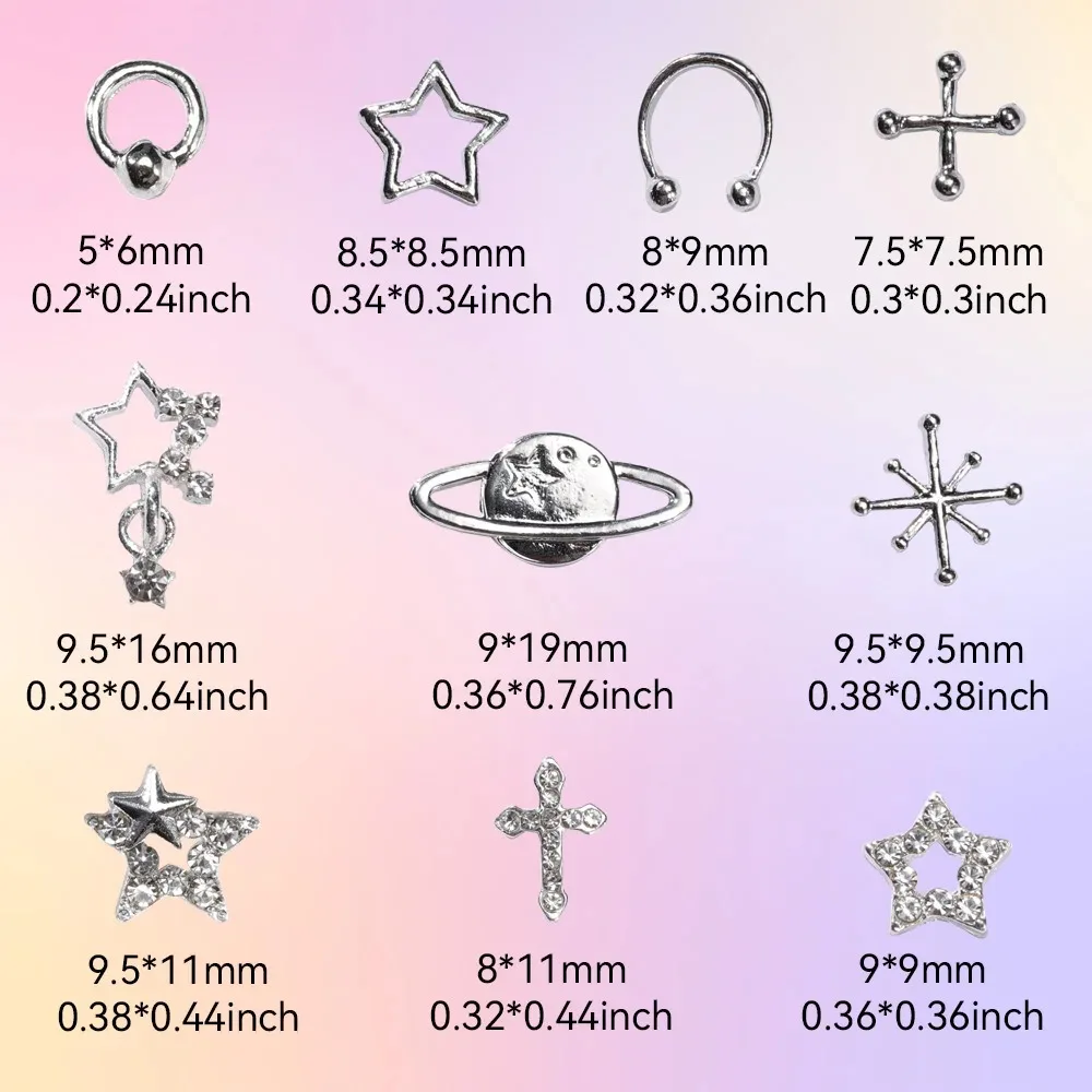 110PCS Star Nail Charms for Acrylic Nails,Silver Star Planet Cross Alloy Nail Art Decoration, Nail Stones Nail Jewels Accessorie