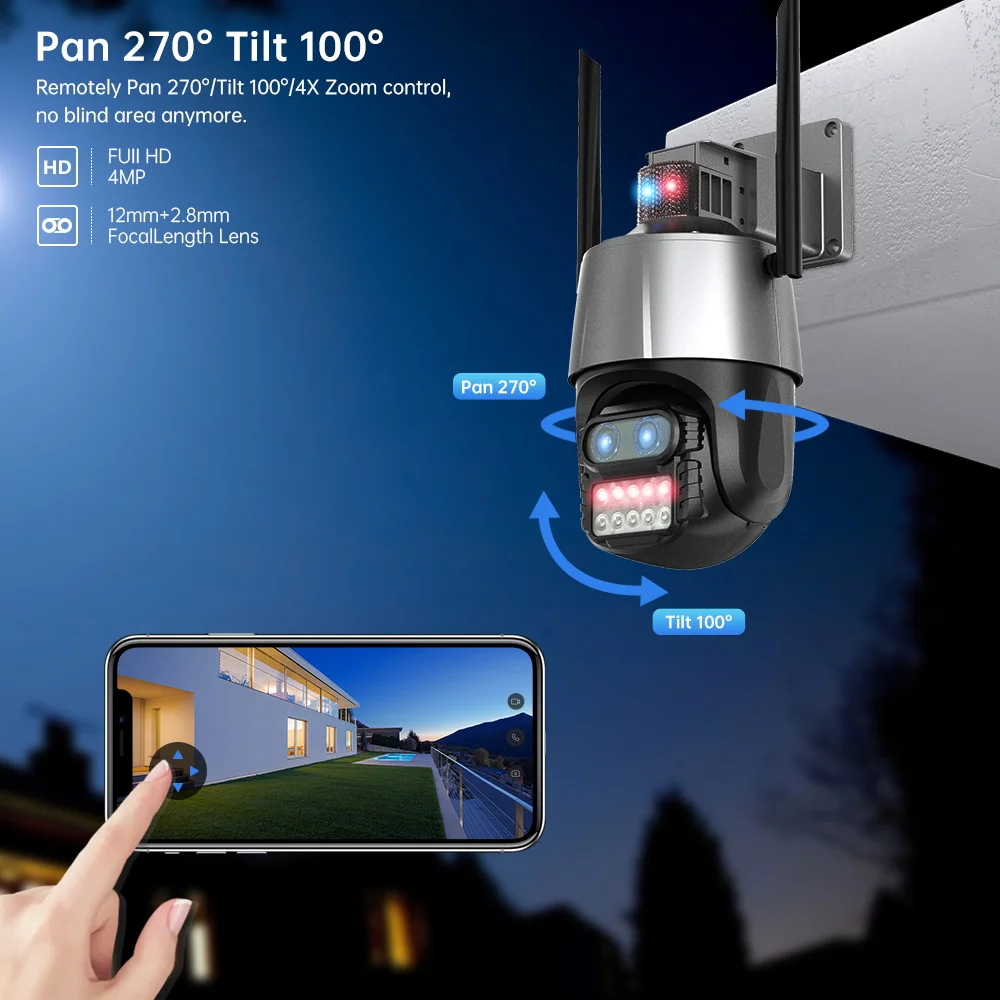 4MP UHD iCsee APP 8x Zoom Dual Lens Siren Alarm WIFI IP Camera Full Color Night Vision Home Security CCTV Baby Monitor