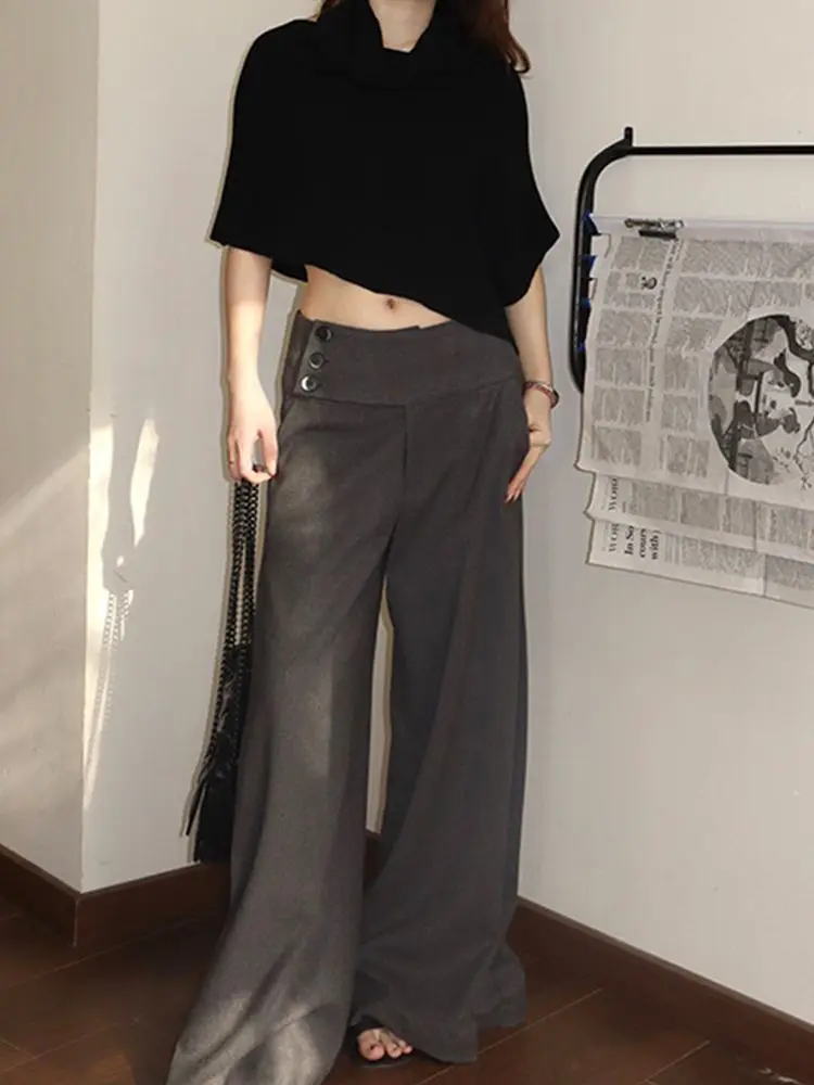 Deeptown Black Wide Leg Women Pants Y2k Gray Low Waist Korean Fashion Straight Trousers Baggy Casual Classic Faux Woolen Winter