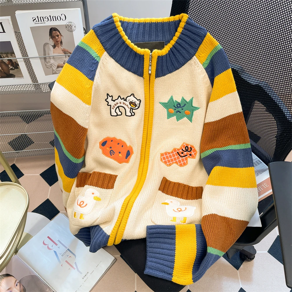 

Korobov Autumn Kawaii Cute LOOSE FIT O Neck Zipper Long Sleeve Pockets Cartoon Striped Knitted Cardigan