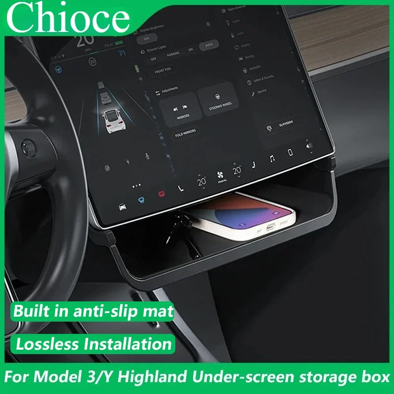 VASTZ Under Screen Storage Tray for Tesla Model Y 3 2021-2024 Highland Hidden ABS Under Screen Storage Box with Anti-Slip Liner