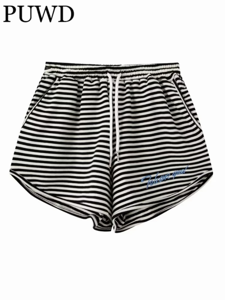 

PUWD Casual Women Striped Drawstring Shorts 2023 Summer Vintage Elastic Waist Letter Printed Shorts Female Chic Bottoms