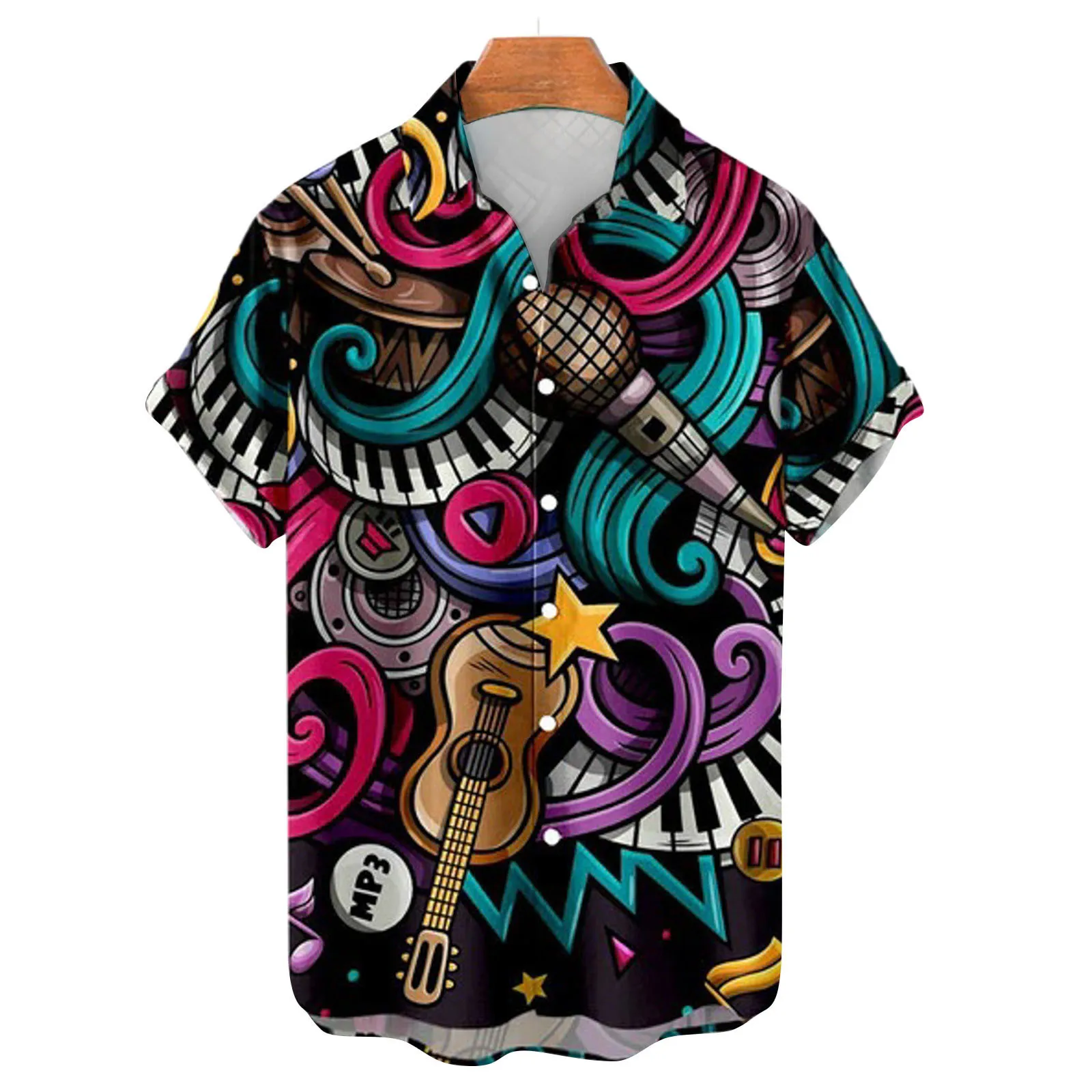 

Mens Summer Fashion Leisure Personality Musical Instruments Digital 3D Printed Lapels Buttons Short Sleeved Shirts One