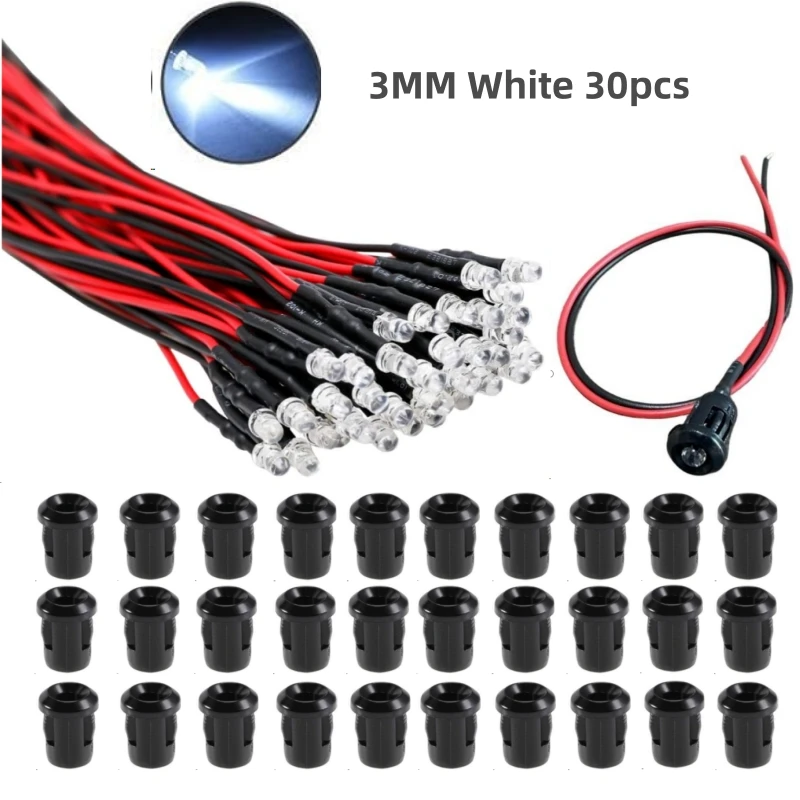 30 sets /90 sets of 3MM LED pre-wired 20CM DC 3V-12V+ plastic brackets, DIY research industrial, super bright mini LED,