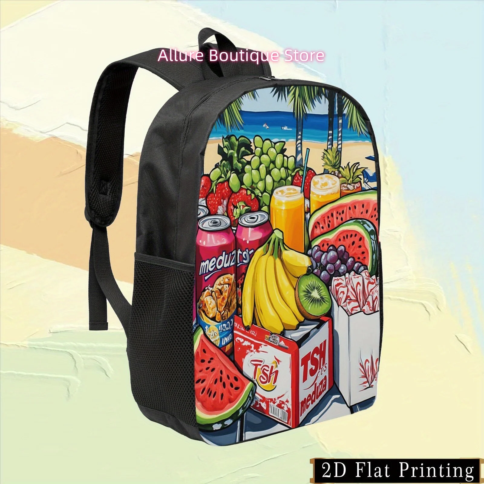 1pc Colorful Single-Sided Print Student Backpack Featuring Tropical Fruit Drink Designs. It Is Hand Washable with a Zipper Closu