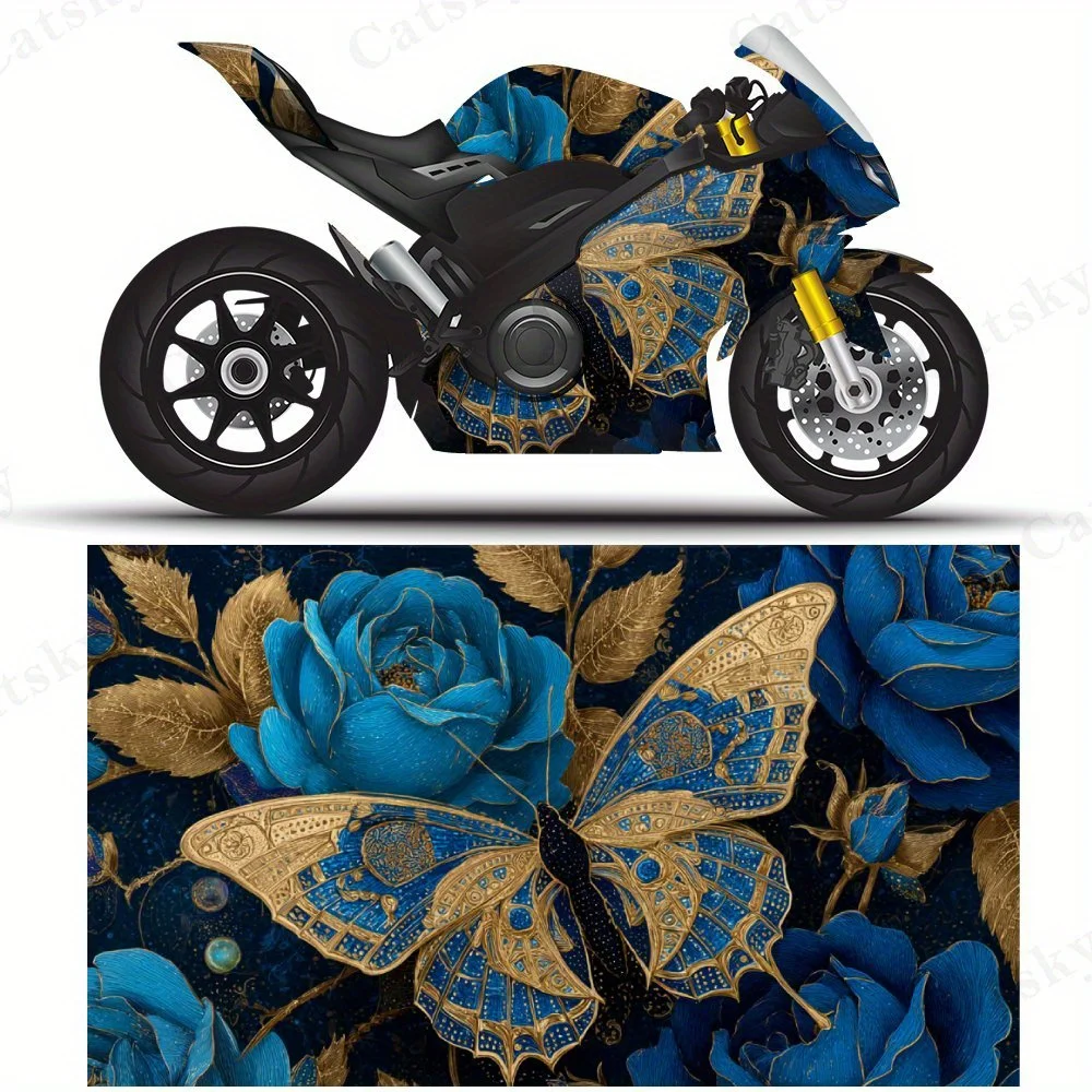 

Наклейки на мотоциклетную пленку с бабочками и синими розами, прочные клейкие наклейки из ПВХ для индивидуальной настройки мотоцикла, устойчивые к атмосферным воздействиям P