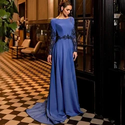 Elegant Scoop Long Sleeve Evening Dresses Applique Beading A-Line Floor Length with Sweep Train Women Formal Party Gowns