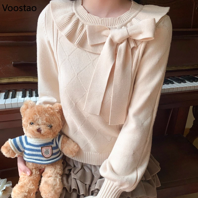 เสื้อไหมพรมสไตล์โลลิต้าหวานๆ แบบญี่ปุ่นสำหรับผู้หญิง แขนยาว แต่งระบายโบว์ คอโอ แขนยาว น่ารัก สไตล์ Y2k เสื้อถักสำหรับฤดูใบไม้ร่วงและฤดูหนาว