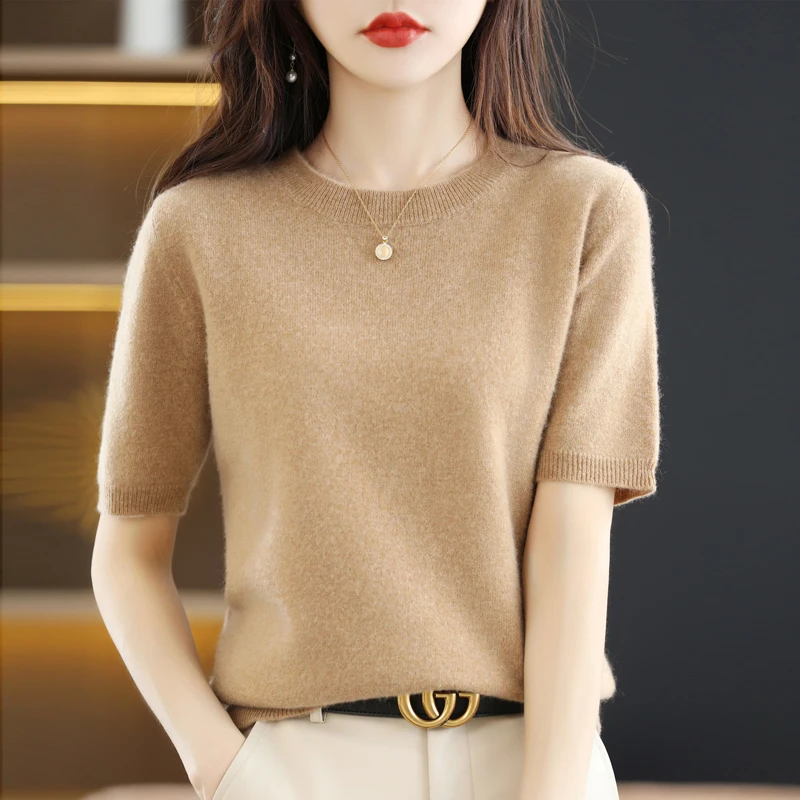 

Women's round Neck Short Sleeve Knitted Sweater Thin Layered Base Shirt Autumn Winter New Style Simple Overhead Versatile Thi...