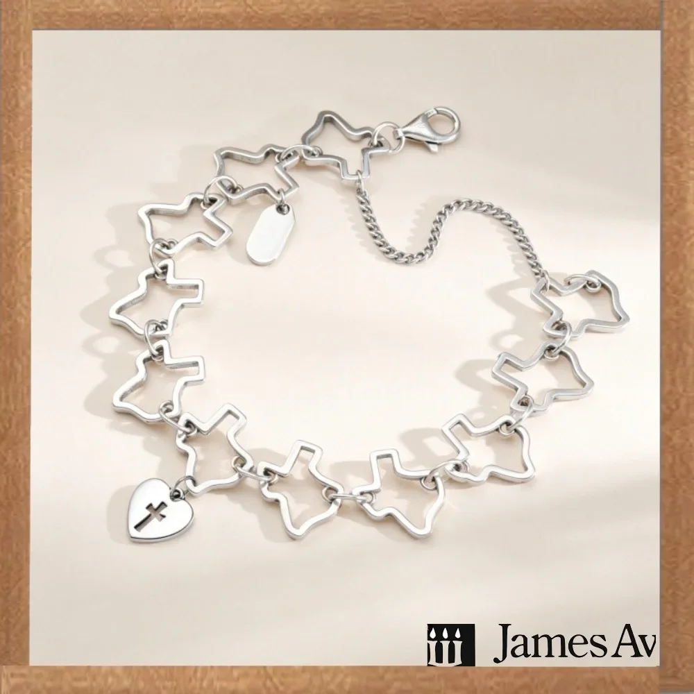 2027 New S925 Sterling Silver Faith Statement Bracelet, Connected Hollow Star Links With Heart Cross Charm, Adjustable Size, Spiritual Women Fashion Ornament
