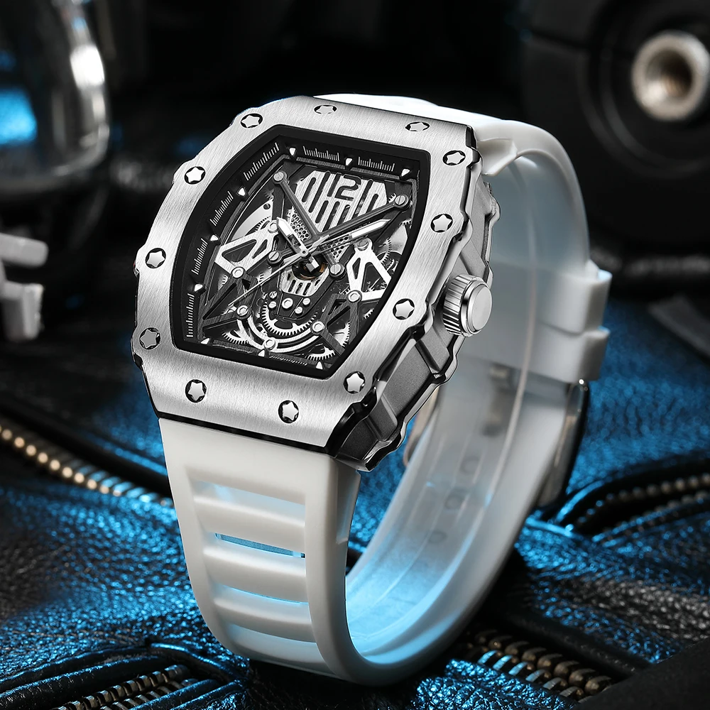 Fashion Ruimas Brand Automatic Watch For Men Silicone Sport Waterproof Mechanical Wristwatch With Silicone Strap Tonneau Dial