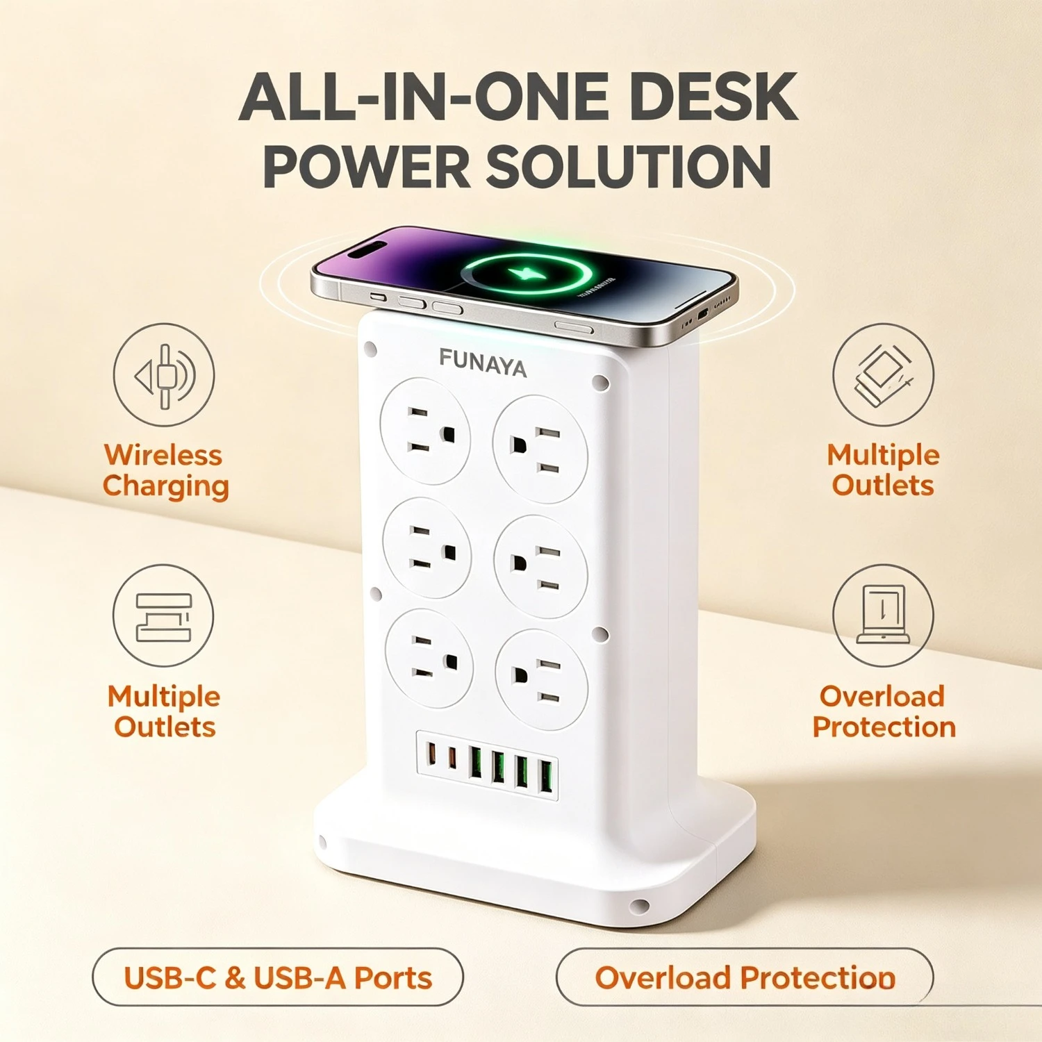FUNAYA US MX CA Tower Power Extension Cord with USB AC Desktop Strip Multi Socket with Wireless Charging Overload Protection