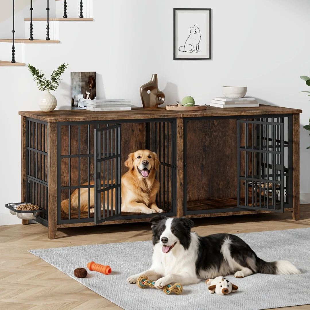 

75/36/30in Furniture-Style Dog Crate with 360° Rotating Bowls, Adjustable Height, Safe Lock, Easy to Clean, Available In Gray/Brown, M, L, XL Sizes for One Or Two Dogs, Ideal for Home, Living Room Or Bedroom
