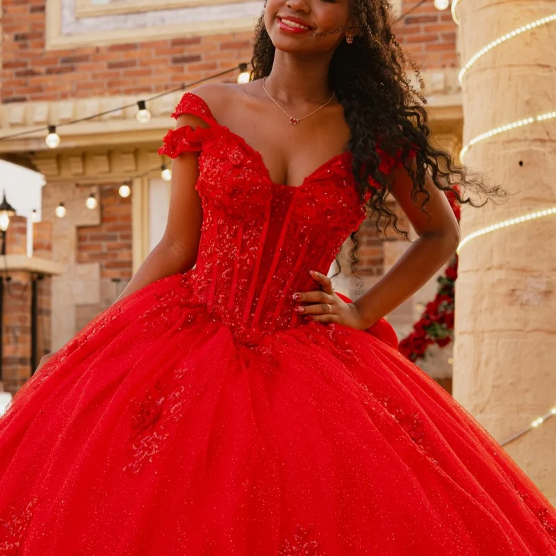 

Shiny Red Quinceanera Dress off-shoulder Glitter Crystal 3D Flower Decal Long tail Bow vestidos de 15 Quinceanera ﻿Customize
