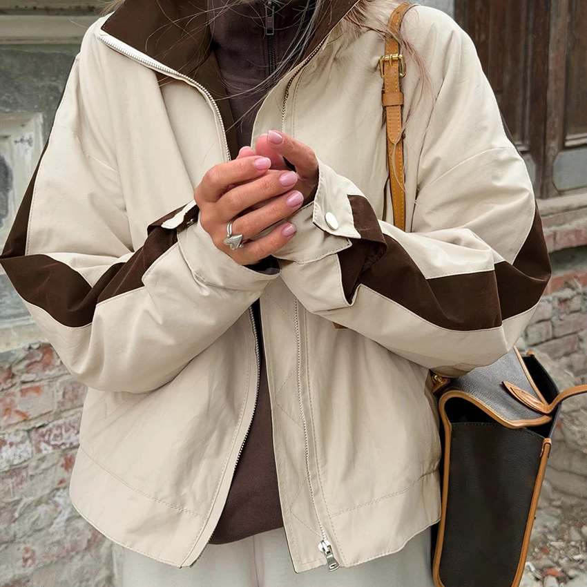 Linad Street Chic Patchwork Zipper Jackets Female 2026 Vintage Buttons Stand Collar Outerwear Tops Casual Loose Coats For Woman