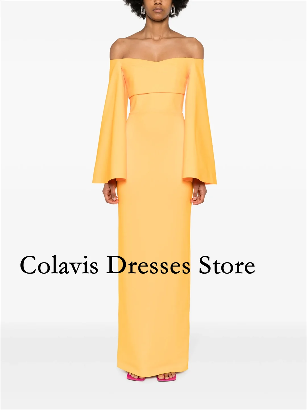 

2025 Customized Off the Shoulder Flare Sleeves Gold Crepe Prom Dresses Evening Dress Women Evening Gowns Formal Party Dress