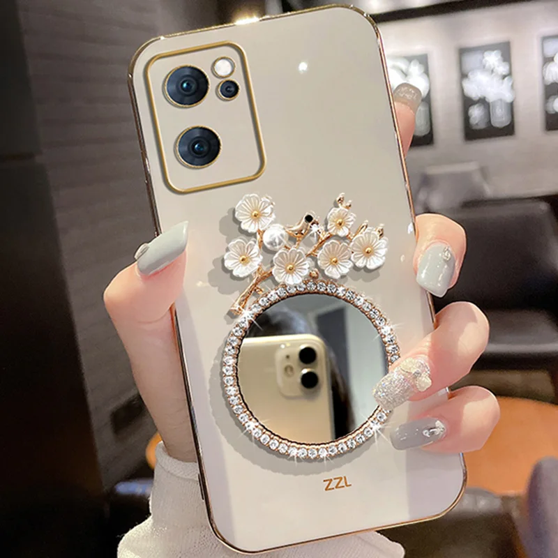 

White Plum Flower Plating Case For Realme 10 9 9i 8 8i 7 7i Pro Plus 4G 5G C55 C35 C33 C31 C21Y C21 C20 C17 Makeup Mirror Cover