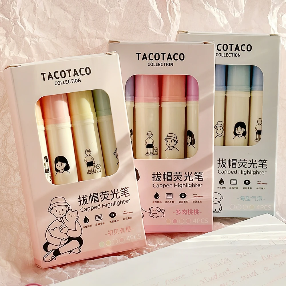 4pcs Tacotaco Color Highlighter Pens Set Cartoon Capped Art Marker for Drawing Painting Office School A7594