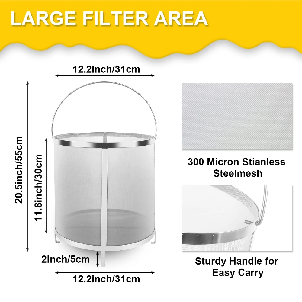 11.8×12.2 Inch 300 Micron Brewing Filter Bag 30×31cm Mesh Hop Grain Strainer for Homebrew Beer Wine Dry Hops
