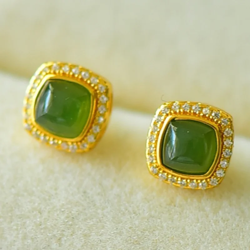 SGARIT Natural Hetian Green Jade S925 Silver Square Stud Earrings 8*8mm Simple Fashion Elegant Exquisite Fine Texture Jadeite