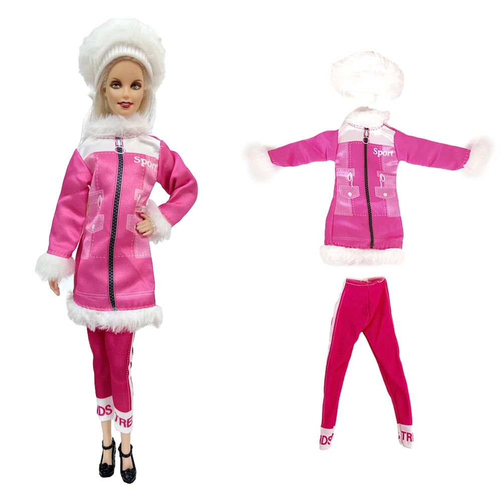 Nk vestido rosa oficial para roupas de boneca bjd 1/6, brinquedo de esqui, chapéu branco nobre de inverno + roupas longas + calças rosa, brinquedos de casa de boneca