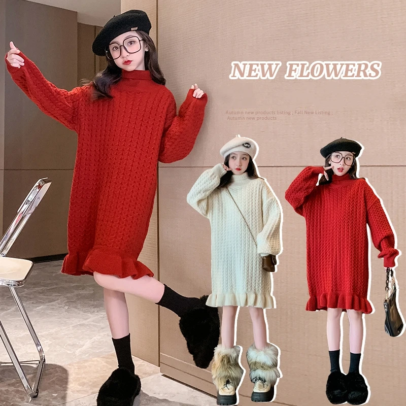 

Girls Knitted Sweater Dress Autumn Winter New Korean Kids Long Sweater Coats Pullover Tops Teenage Clothes 8 9 10 12 13 14 Years