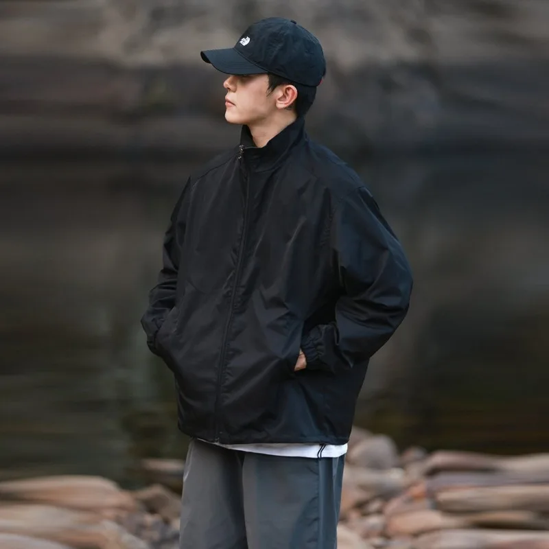 Men Reversible Stand Collar Jacket Vintage Loose Windbreaker Outerwear