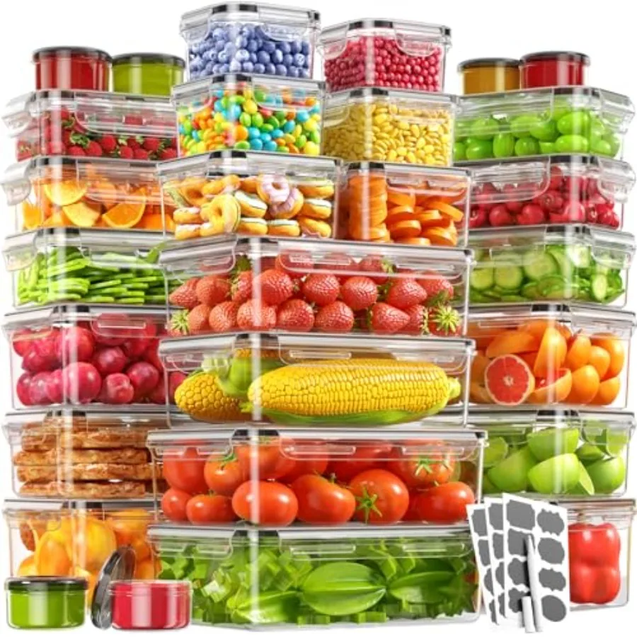 

Контейнеры для хранения продуктов с крышками, 28 контейнеров и 28 крышек, пластиковые контейнеры для еды без BPA для хранения и организации на кухне