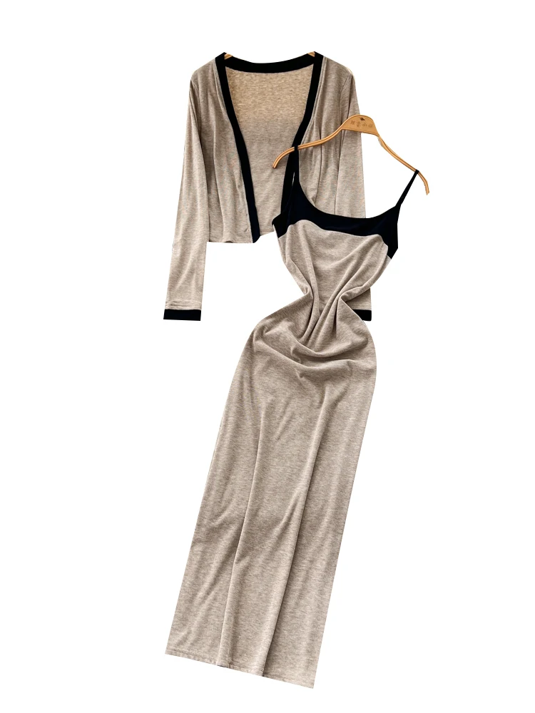 Faionable Zweiteiliges Set mit hoher Taille und Gürtel ter Dr + Long Sve Open Cardigan Color Blo Design Herbstkleidung für Damen