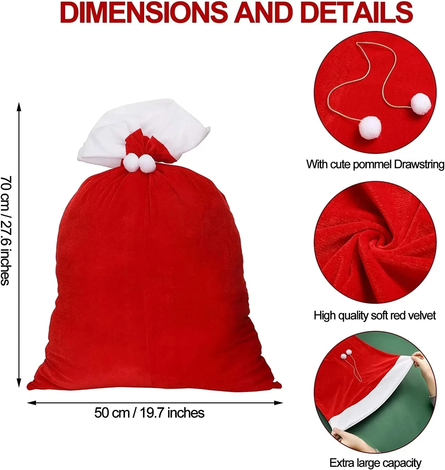 Christmas Large Santa Claus Bags with Drawstring Cord Velvet Santa\'s Present Sack Bags 70x50cm for Xmas Kid Gift Toys Decoration