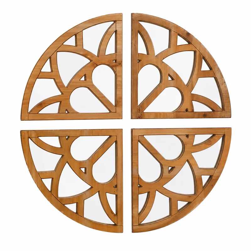 60cm Round Wall Mirror, 4-Piece Wooden Decorative Mirror Set, Geometric Window Style Accent for Living Room, Entryway Decor Art