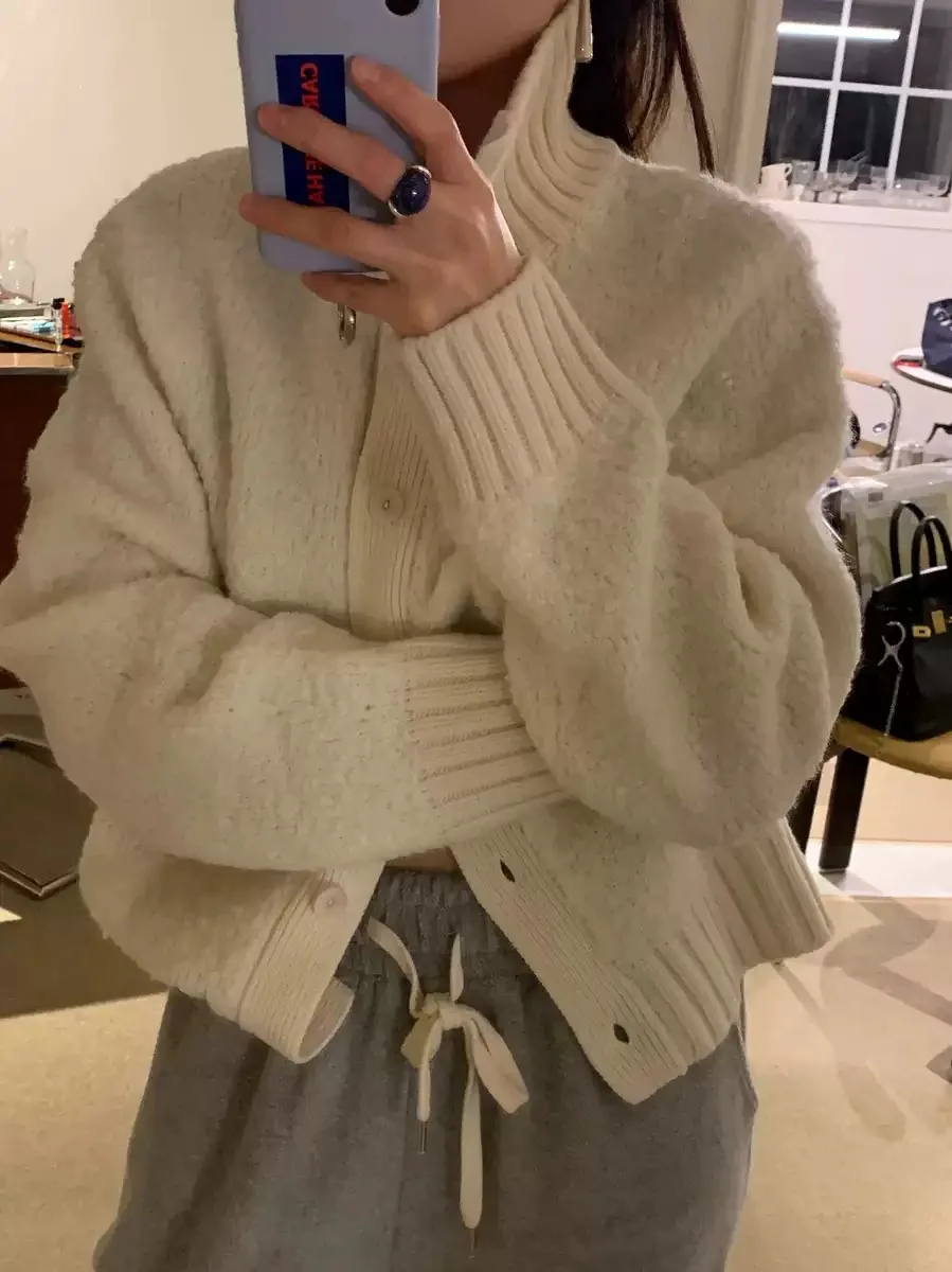 

PREON Autumn Winter High Collar Knitted Wool Blend Coat with Button Detail Soft Furry Texture Women's Casual Sle Cardigan