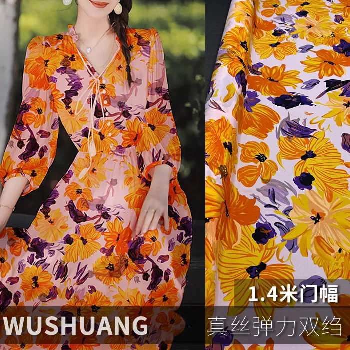 Orange & Purple Floral Print Silk Stretch Crepe De Chine Fabric Mulberry Silk Material for Dresses 140cm wide blouse