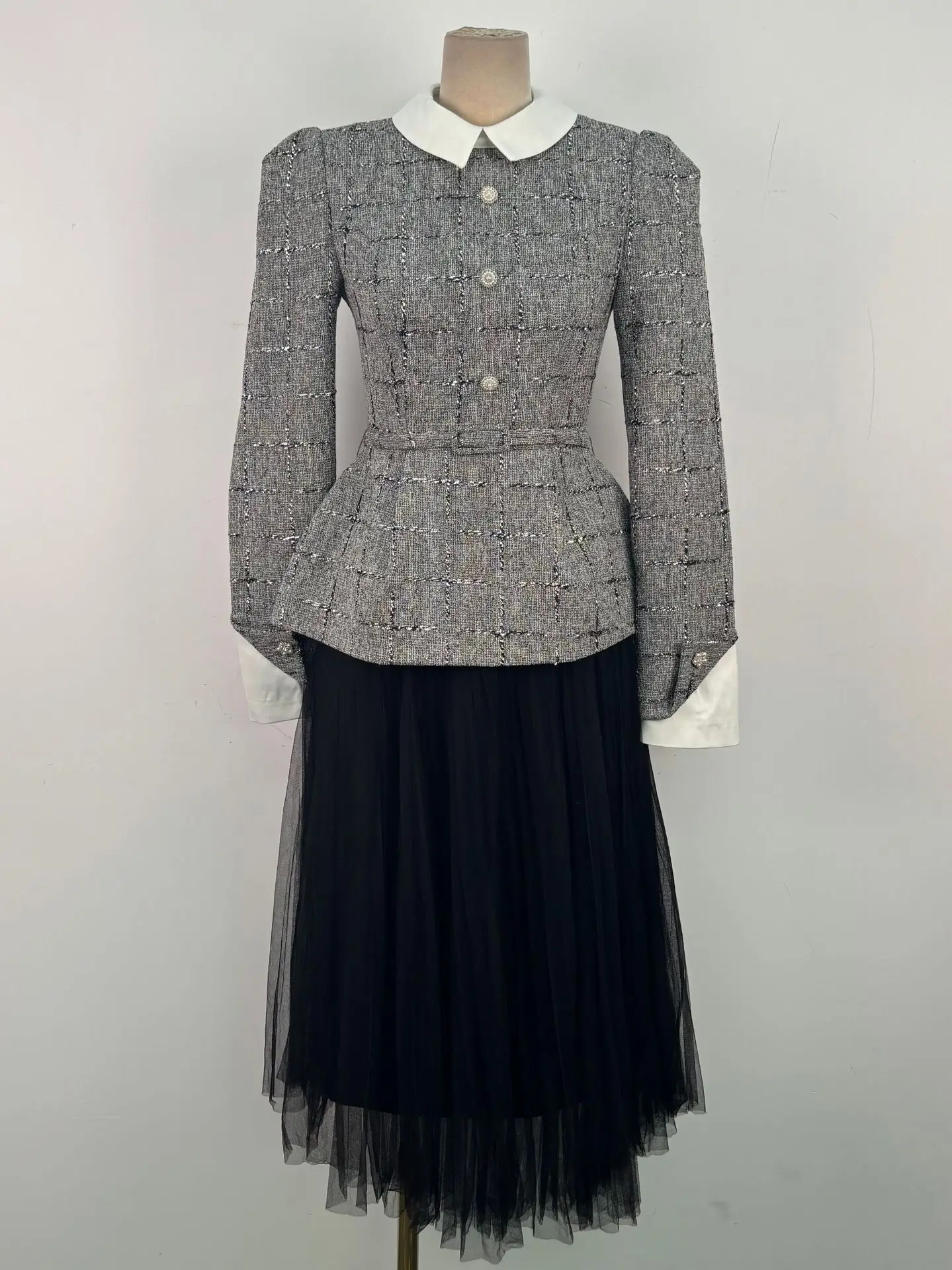 BEWQ موضة المرأة 2 قطعة مجموعة تويد حزام واحدة الصدر معطف طويل الأكمام الشاش تنورة دعوى مساء حفلة 2025 الخريف جديد #4