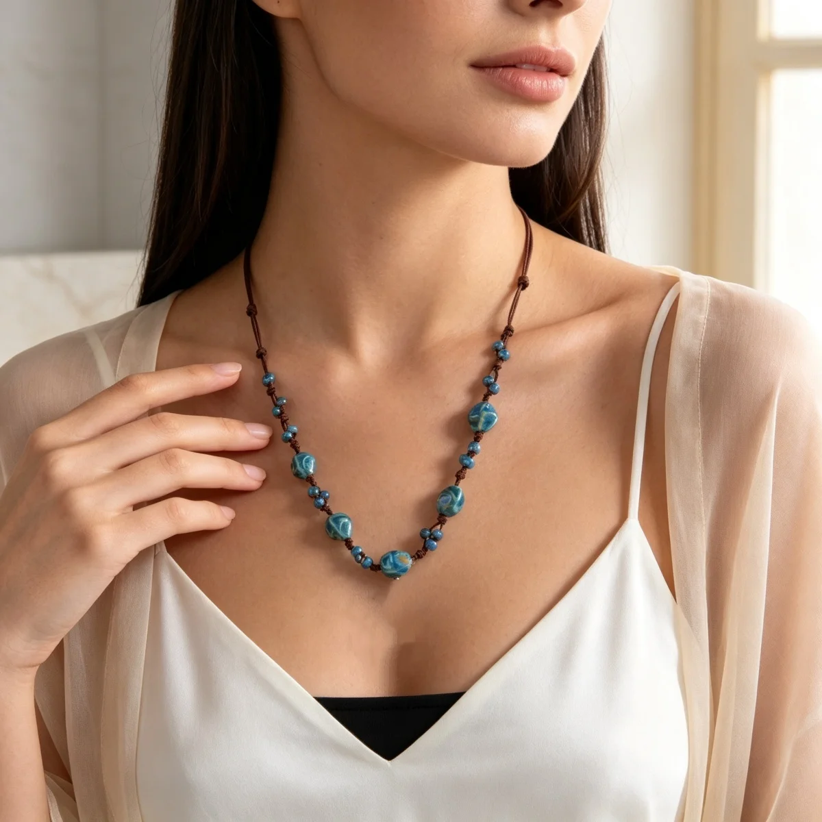 Retro-Künstlerischer Stil Unregelmäßige Blaue Keramikperlen Lange Halskette für Frauen Männer Boho Ethnische Braune Wachsschnur Pulloverkette Schmuck – Detail 12