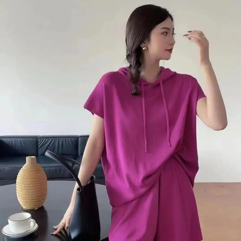 

Spring Autumn Korean Style Pullover Loose-fit Hooded Sweatshirt Jacket And Elastic Waist Wide Leg Shorts 2-piece Set New