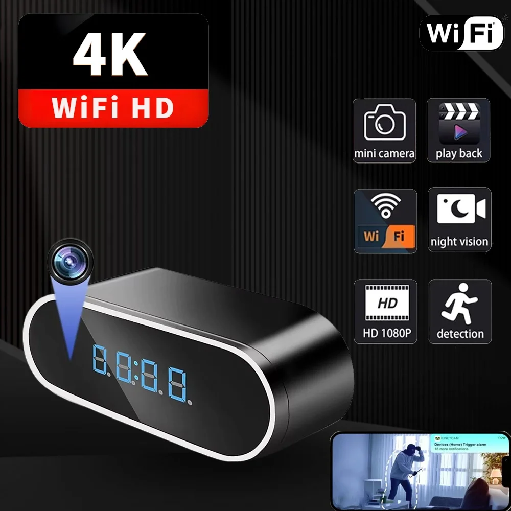 2025 New 4K high-definition WiFi mini clock digital video recorder, night vision, motion detection, supports ultra large 128GB